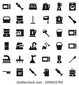 Flat vector icon set - plunger vector, vacuum cleaner, fetlock, mop, bucket, sponge, car, rubber glove, water tap, kettle, spatula, microwave oven, double boiler, blender, fridge, washer, dishwasher