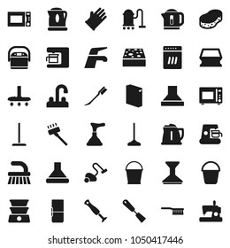Flat vector icon set - plunger vector, water tap, vacuum cleaner, fetlock, mop, bucket, sponge, car, washing powder, rubber glove, kettle, spatula, microwave oven, fridge, dishwasher, coffee maker