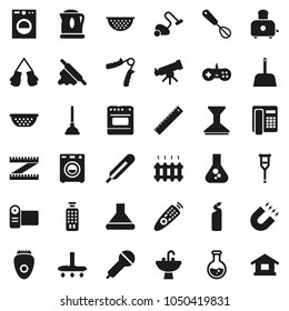 Flat vector icon set - plunger vector, vacuum cleaner, scoop, car fetlock, cleaning agent, sink, colander, whisk, rolling pin, toaster, ruler, telescope, magnet, flask, measuring, hand trainer, hood