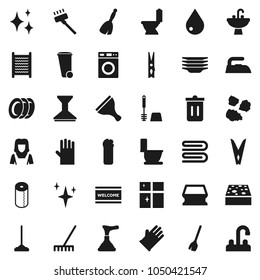 Flat vector icon set - plunger vector, scraper, broom, vacuum cleaner, mop, rake, clothespin, sponge, towel, trash bin, water drop, car fetlock, shining, welcome mat, iron, toilet, brush, washer