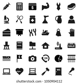 Flat vector icon set - plunger vector, sponge, towel, rubber glove, water closet, meat hammer, jug, cake, microscope, notebook pc, abacus, exam, pie graph, presentation board, dollar flag, calendar