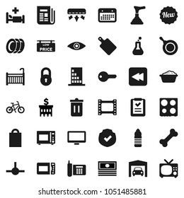 Flat vector icon set - plunger vector, trash bin, foam basin, plates, pan, cutting board, microwave oven, cash, bank building, bike, water bottle, bone, phone, calendar, protected, film frame, flask
