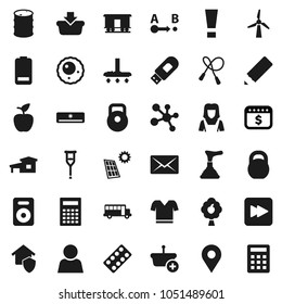 Flat vector icon set - plunger vector, vacuum cleaner, woman, pencil, apple fruit, calculator, school bus, dollar calendar, weight, jump rope, t shirt, molecule, oil barrel, route, Railway carriage