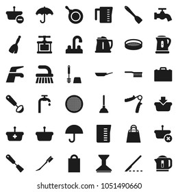 Flat vector icon set - plunger vector, broom, water tap, fetlock, car, toilet brush, pan, kettle, measuring cup, cook press, spatula, ladle, sieve, case, hand trainer, umbrella, scalpel, supply