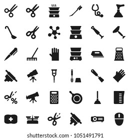 Flat vector icon set - plunger vector, scraper, rake, car fetlock, toilet brush, rubber glove, pan, measuring cup, spatula, ladle, rolling pin, grater, double boiler, pen, telescope, scissors, iron