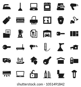 Flat vector icon set - plunger vector, vacuum cleaner, welcome mat, iron, toilet, sink, dry cargo, key, cottage, garage, plan, estate document, office building, relocation truck, home protect, oven