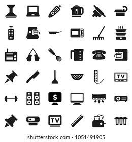 Flat vector icon set - plunger vector, rake, car fetlock, pan, colander, measuring cup, skimmer, knife, rolling pin, ruler, notebook pc, paper, monitor dollar, barbell, boxing glove, tv, thumbtack