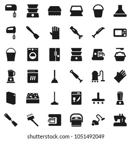 Flat vector icon set - plunger vector, vacuum cleaner, mop, bucket, sponge, washing powder, rubber glove, spatula, double boiler, blender, fridge, washer, dishwasher, mixer, coffee maker, hood