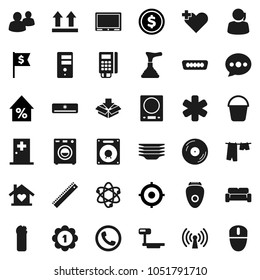 Flat vector icon set - plunger vector, bucket, drying clothes, cleaning agent, plates, ruler, atom, dollar coin, percent growth, target, flag, medal, support, top sign, big scales, disk, group, hdmi