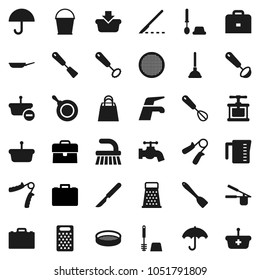 Flat vector icon set - plunger vector, water tap, fetlock, bucket, toilet brush, pan, measuring cup, cook press, whisk, spatula, ladle, grater, sieve, case, hand trainer, umbrella, scalpel, basket