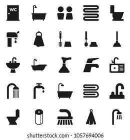 Flat vector icon set - plunger vector, water tap, fetlock, towel, bath, toilet, brush, paper, shower, closet, sink, supply