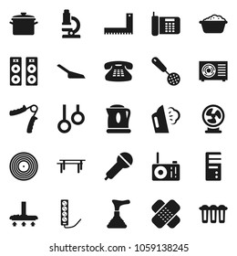 Flat vector icon set - plunger vector, vacuum cleaner, scoop, steaming, foam basin, pan, skimmer, corner ruler, microscope, hand trainer, horizontal bar, gymnast rings, disk, microphone, patch, fan