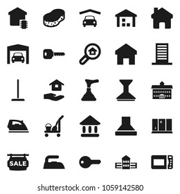 Flat vector icon set - plunger vector, cleaner trolley, mop, sponge, car fetlock, iron, shining window, house hold, university, school building, warehouse, home, key, garage, sale signboard, smart