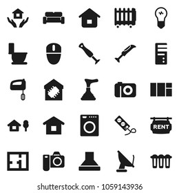 Flat vector icon set - plunger vector, toilet, house hold, chalet, plan, rent signboard, cushioned furniture, smart home, washer, mixer, hood, blender, camera, computer, heater, bulb, mouse, window