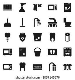 Flat vector icon set - plunger vector, fetlock, mop, scoop, bucket, trash bin, window cleaning, welcome mat, toilet, drying clothes, shining, paper, shower, microwave oven, tooth, implant, washer