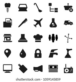 Flat vector icon set - plunger vector, water tap, sponge, drop, cook hat, ladle, cutting board, pen, flask, constellation, cash, man, office, plane, car, document, loudspeaker, tooth implant, pin