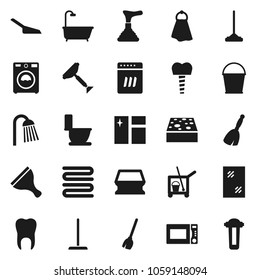 Flat vector icon set - plunger vector, scraper, cleaner trolley, broom, mop, scoop, bucket, sponge, towel, window cleaning, toilet, washer, shower, microwave oven, tooth, implant, bath, dishwasher