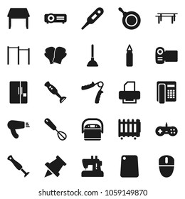 Flat vector icon set - plunger vector, pan, whisk, cutting board, blender, paper pin, hand trainer, horizontal bar, punching bag, boxing glove, thermometer, table, fridge, multi cooker, hair dryer