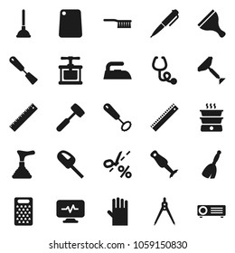 Flat vector icon set - plunger vector, scraper, broom, fetlock, iron, rubber glove, cook press, whisk, spatula, meat hammer, cutting board, grater, blender, ruler, drawing compass, pen, stethoscope
