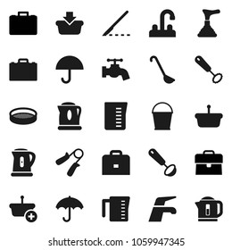Flat vector icon set - plunger vector, water tap, bucket, kettle, measuring cup, whisk, ladle, sieve, case, hand trainer, umbrella, scalpel, basket