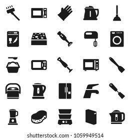 Flat vector icon set - plunger vector, water tap, vacuum cleaner, sponge, washing powder, rubber glove, kettle, spatula, microwave oven, double boiler, blender, fridge, washer, dishwasher, mixer
