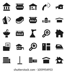 Flat vector icon set - plunger vector, mop, sponge, window cleaning, iron, steaming, sink, school building, university, dry cargo, warehouse, home, cottage, estate document, sale signboard, rooms