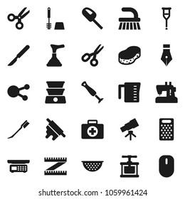 Flat vector icon set - plunger vector, fetlock, sponge, car, toilet brush, colander, measuring cup, cook press, rolling pin, grater, pen, telescope, scissors, first aid kit, social media, crutches