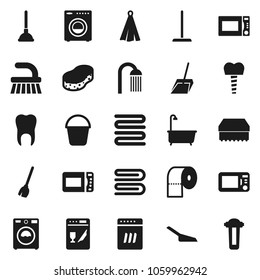 Flat vector icon set - plunger vector, broom, fetlock, mop, scoop, bucket, sponge, towel, bath, washer, toilet paper, shower, microwave oven, tooth, implant, dishwasher, water filter