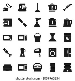 Flat vector icon set - plunger vector, vacuum cleaner, mop, bucket, sponge, car fetlock, kettle, spatula, microwave oven, blender, fridge, washer, dishwasher, mixer, coffee maker, multi cooker