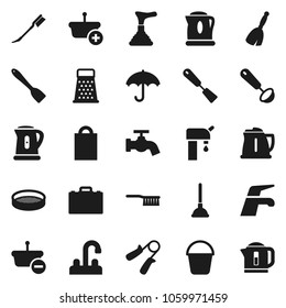 Flat vector icon set - plunger vector, broom, water tap, fetlock, bucket, car, kettle, spatula, ladle, grater, sieve, case, hand trainer, umbrella, supply, shopping bag, basket