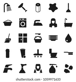 Flat vector icon set - plunger vector, scraper, water tap, vacuum cleaner, fetlock, scoop, trash bin, drop, splotch, iron, bath, toilet, washer, foam basin, washing powder, liquid soap, plates