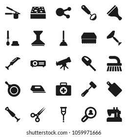 Flat vector icon set - plunger vector, scraper, fetlock, sponge, car, toilet brush, pan, cook press, ladle, meat hammer, cutting board, telescope, first aid kit, social media, crutches, scissors