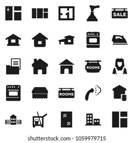 Flat vector icon set - plunger vector, cleaner trolley, sponge, window cleaning, iron, steaming, woman, school building, home, cottage, plan, estate document, sale signboard, rooms, apartments, oven