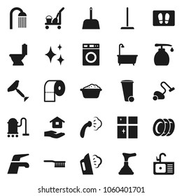 Flat vector icon set - plunger vector, scraper, cleaner trolley, water tap, vacuum, fetlock, mop, scoop, trash bin, shining, welcome mat, steaming, bath, toilet, washer, foam basin, liquid soap