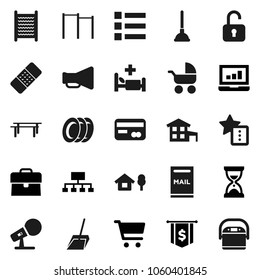 Flat vector icon set - plunger vector, scoop, washboard, plates, cart, laptop graph, case, sand clock, dollar flag, hierarchy, horizontal bar, microphone, loudspeaker, patch, hospital bed, favorites