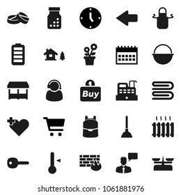 Flat vector icon set - plunger vector, towel, camping cauldron, apron, thermometer, backpack, cart, clock, calendar, speaking man, battery, heart cross, pills, bottle, firewall, arrow, key, chalet