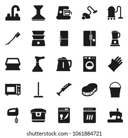 Flat vector icon set - plunger vector, vacuum cleaner, mop, bucket, sponge, car fetlock, rubber glove, water tap, kettle, microwave oven, double boiler, fridge, washer, dishwasher, mixer, blender