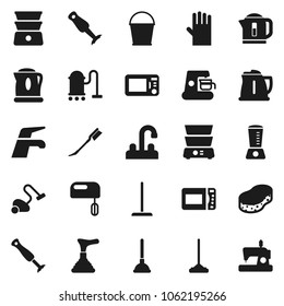 Flat vector icon set - plunger vector, water tap, vacuum cleaner, mop, bucket, sponge, car fetlock, rubber glove, kettle, double boiler, blender, mixer, coffee maker, microwave oven, sewing machine
