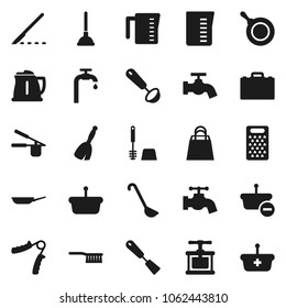 Flat vector icon set - plunger vector, broom, fetlock, water tap, toilet brush, pan, kettle, measuring cup, cook press, spatula, ladle, grater, case, hand trainer, scalpel, supply, shopping bag