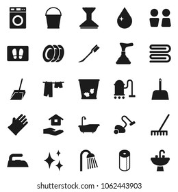 Flat vector icon set - plunger vector, vacuum cleaner, scoop, rake, bucket, towel, trash bin, water drop, car fetlock, shining, welcome mat, iron, bath, drying clothes, washer, rubber glove, plates