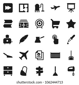Flat vector icon set - plunger vector, vacuum cleaner, scoop, turk coffee, toaster, pen, presentation, archive, stadium, target, signpost, plane, sea container, touchscreen, favorites, dropper, plan