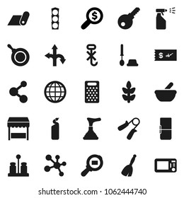 Flat vector icon set - plunger vector, broom, toilet brush, sprayer, cleaning agent, pan, grater, spices, money search, hand trainer, molecule, fitness mat, cereals, route, traffic light, no hook