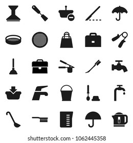 Flat vector icon set - plunger vector, water tap, fetlock, bucket, car, toilet brush, measuring cup, cook press, spatula, ladle, sieve, case, hand trainer, umbrella, scalpel, supply, shopping bag