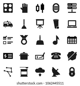 Flat vector icon set - plunger vector, scoop, trash bin, splotch, rubber glove, pan, oven, notebook pc, presentation, music, exam, japanese candle, check, receipt, calendar, medal, sports nutrition
