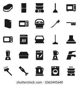 Flat vector icon set - plunger vector, water tap, vacuum cleaner, fetlock, mop, sponge, car, washing powder, microwave oven, double boiler, blender, fridge, washer, dishwasher, hood, multi cooker