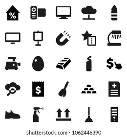 Flat vector icon set - plunger vector, broom, sprayer, cleaning agent, egg, table lamp, magnet, presentation, gold ingot, percent growth, receipt, dollar cursor, snickers, water bottle, top sign