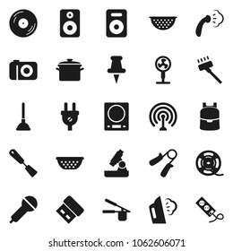 Flat vector icon set - plunger vector, vacuum cleaner, steaming, pan, colander, cook press, spatula, backpack, microscope, hand trainer, film spool, disk, microphone, antenna, speaker, thumbtack