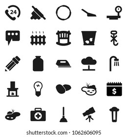 Flat vector icon set - plunger vector, scoop, trash bin, rolling pin, jar, potato, pencil, telescope, dollar calendar, first aid kit, hoop, phone 24, no hook, big scales, cloud network, message
