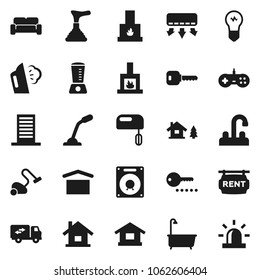 Flat vector icon set - plunger vector, vacuum cleaner, steaming, bath, water tap, dry cargo, key, house, chalet, rent signboard, cushioned furniture, relocation truck, fireplace, building, password
