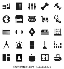 Flat vector icon set - plunger vector, window cleaning, measuring cup, drawing compass, abacus, world, personal information, diet, barbell, bone, sea container, cargo, satellitie, settings, siren